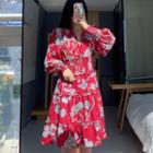Long-sleeve V-neck Print Ruched Dress
