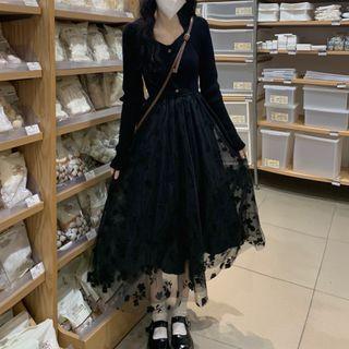 Long-sleeve Flower Print Mesh Panel Midi A-line Dress Flower Print - Black - One Size