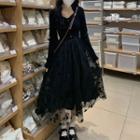 Long-sleeve Flower Print Mesh Panel Midi A-line Dress Flower Print - Black - One Size