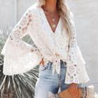 Bell-sleeve Floral Lace Tie-waist Blouse