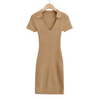 Short-sleeve Collared Knit Sheath Dress