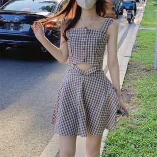 Set: Plaid Cropped Camisole Top + Mini A-line Skirt Black & White - One Size