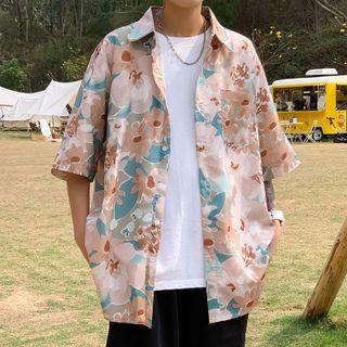 Couple Matching Elbow Sleeve Flower Print Shirt