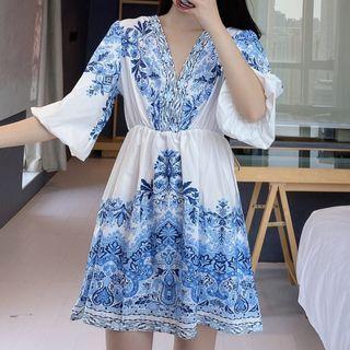 Elbow-sleeve Print Tunic Dress