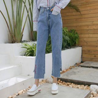 Lettering Embroidered Cropped Wide-leg Jeans