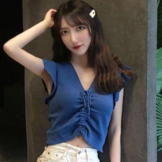 Cap-sleeve Drawstring Cropped Knit Top