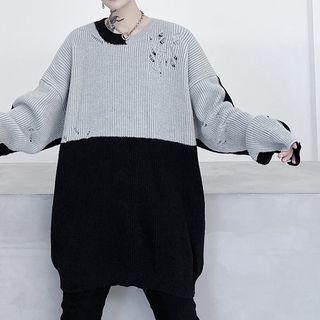 Round-neck Color Block Over-sized Ripped Knitted Sweater