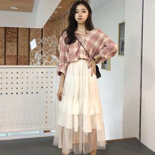 Plaid Shirt / Mesh Midi A-line Skirt