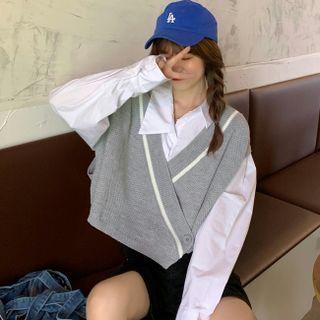 Plain Crop Shirt / Contrast Trim Cropped Sweater Vest