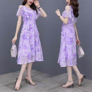 Short-sleeve Cold Shoulder Ruffled Midi A-line Dress