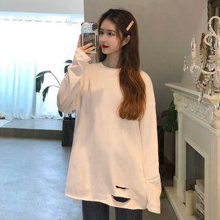 Round-neck Loose-fit Ripped Long-sleeve Top