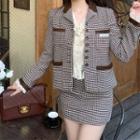 Houndstooth Button-up Jacket / Lace Trim Blouse / Mini Skirt