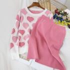 Heart Print Round-neck Top + Plain Skirt Set Pink - One Size