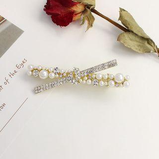 Cross Rhinestone Faux Pearl Hair Clip 1 Pc - White Faux Pearl & Rhinestone - Silver - One Size