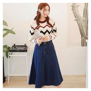 Slit-hem A-line Denim Skirt