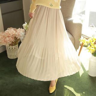 Band-waist Pleated Long Flare Skirt