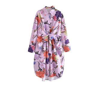 Long-sleeve Floral Print Sashed Midi Shirt Dress