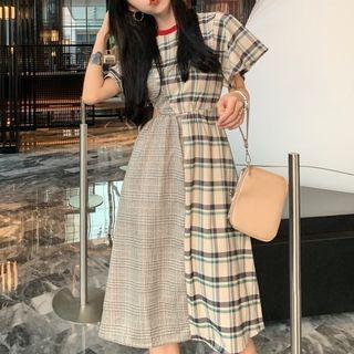 Short-sleeve Plaid Paneled A-line Midi Dress