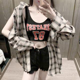 Lettering Crop Tank Top / Plaid Shirt