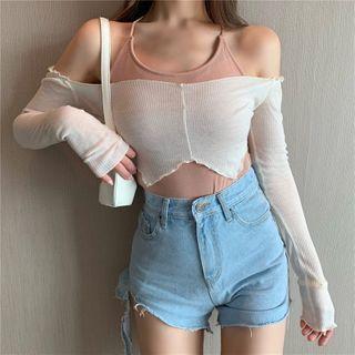 Set: Cropped Camisole Top + Off-shoulder Long-sleeve Cropped T-shirt