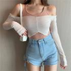 Set: Cropped Camisole Top + Off-shoulder Long-sleeve Cropped T-shirt