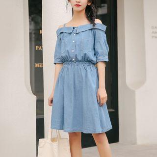 Cold Shoulder Elbow-sleeve Denim A-line Dress