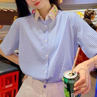 Elbow-sleeve Floral Print Check Shirt