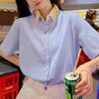 Elbow-sleeve Floral Print Check Shirt