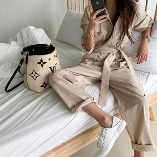 Zip-up Hooded Jumpsuit With Sash