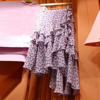 Flower Print Irregular Hem Tiered Skirt
