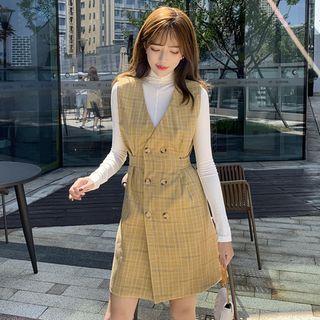Turtleneck Long-sleeve T-shirt / Plaid Pinafore Dress / Set