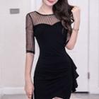 Elbow-sleeve Mesh Panel Ruffle Sheath Dress