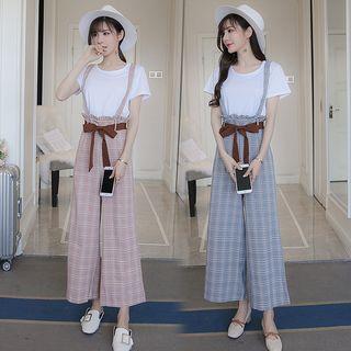 Short-sleeve T-shirt / Plaid Jumper Pants / Set