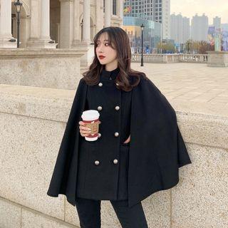 Plain Loose-fit Woolen Cape Black - One Size
