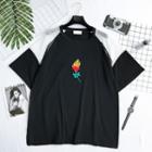 Flower Embroidered Cutout Loose-fit Long Short-sleeve T-shirt