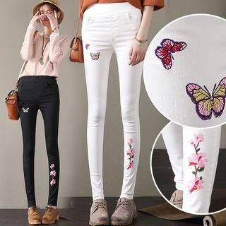 Butterfly Embroidered Skinny Pants