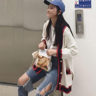 Color-block Faux-pearl Button Cardigan