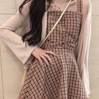 Plaid Camisole / Mini A-line Plaid Skirt / Light Cardigan / Set