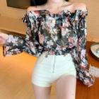 Off-shoulder Ruffle Trim Floral Print Long-sleeve Chiffon Top Top - One Size
