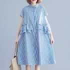 Pinstriped Short-sleeve Midi Shirt Dress Stripes - Blue & White - One Size