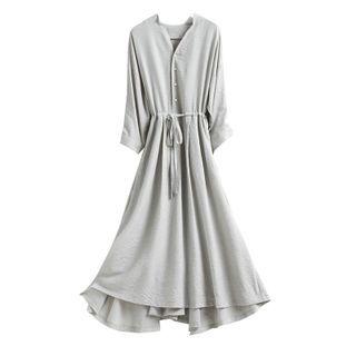 Elbow-sleeve Henley Midi Smock Dress