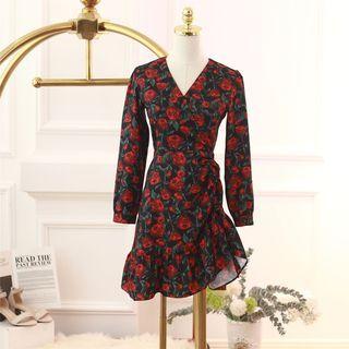 Long-sleeve Flower Print Ruffle Hem A-line Dress