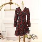 Long-sleeve Flower Print Ruffle Hem A-line Dress