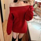 Off-shoulder Cut-out Pullover Red - One Size