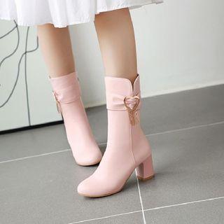 Block Heel Heart Accent Fringed Mid Calf Boots