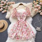 Square-neck Flower Print Puff-sleeve Chiffon Dress