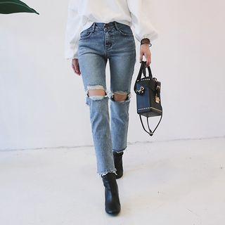 Cutout-knee Washed Straight-cut Jeans