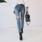 Cutout-knee Washed Straight-cut Jeans