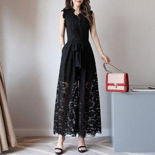 Sleeveless Paperbag-waist Lace Jumpsuit