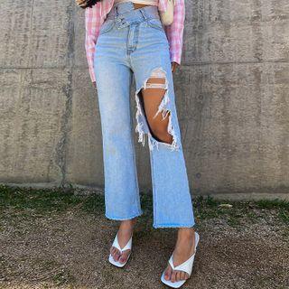 Asymmetric-waist Cutout Wide-leg Jeans